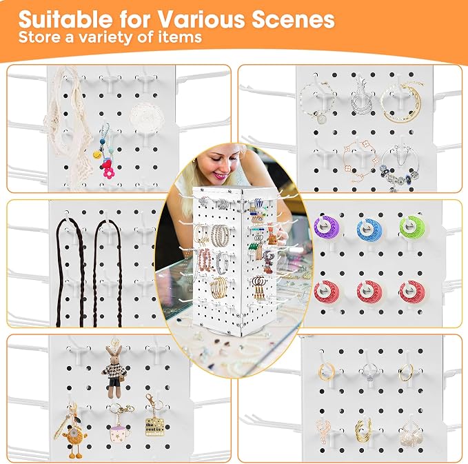 360° Rotating Pegboard Display Stand with 60 Hooks & Inner Storage Compartments - Metal Peg Board Keychain Jewelry Display Stand for Vendors, Retail, Craft Shows (Black)