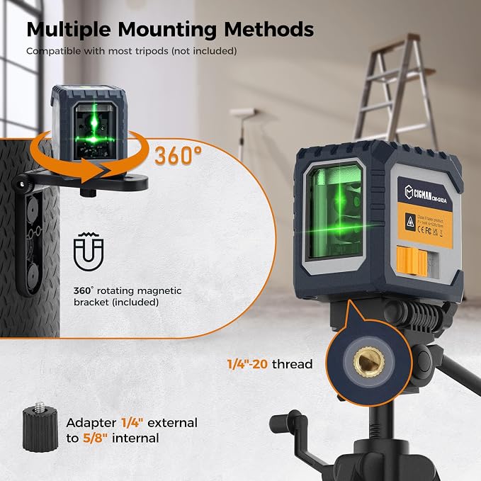 Laser Level Rechargeable, CIGMAN G02A Green Self-Leveling Cross Line Laser Level with Horizontal and Vertical Lines, Selectable Laser Lines, 100 Ft Visibility, Rotatable 360°, Charging Cable Included