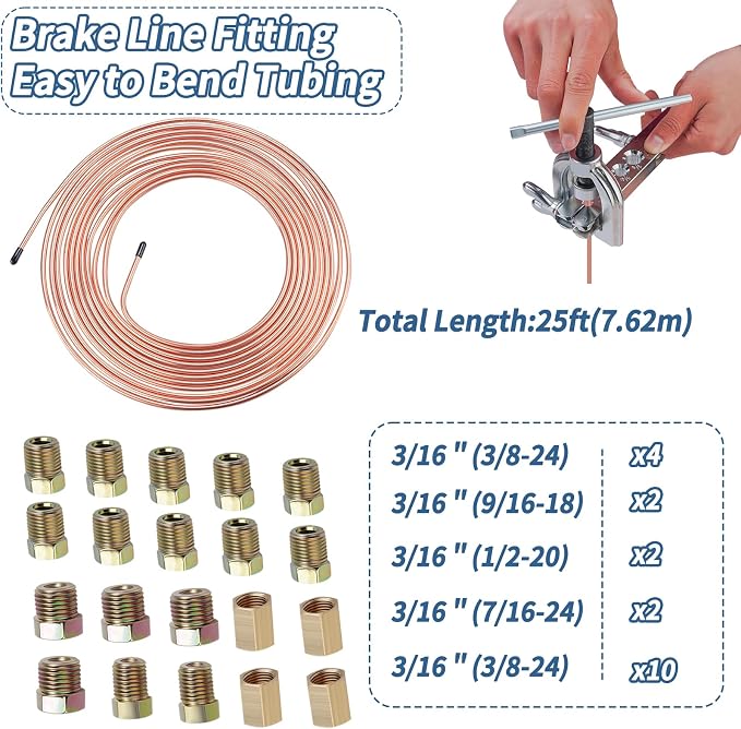 25 ft 3/16" Copper Coated Brake Line Kit 16 Brake Line Fittings and 4 Unions Brake Line Fittings Double & Single Flaring Tool Kit Brake line Bender