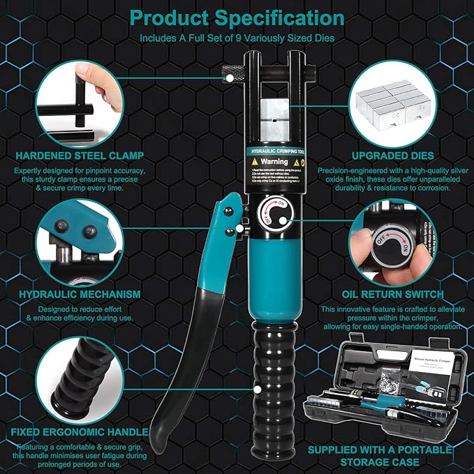 Brileine 10 Tons Hydraulic Crimping Tool and Cable Cutter, Hydraulic Crimper, Battery Cable Crimper Tool for 12 AWG to 2/0 AWG Battery Terminals, with 9 Dies