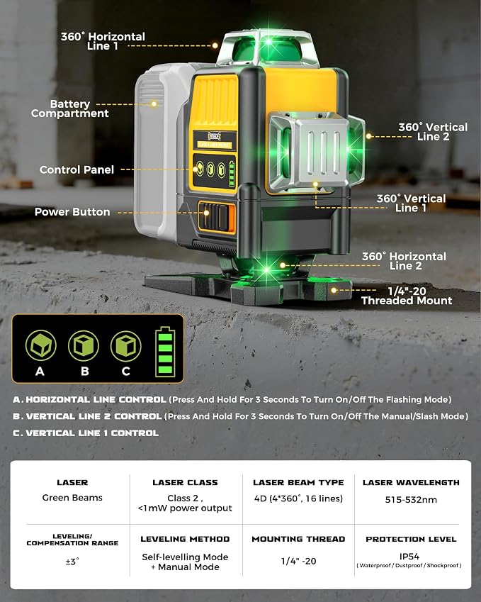 DIYtoolifz Laser Level Compatible with DeWalt 20V Battery, 4D 4x360° Self Leveling, 4 Way Green 16-Line Lazer Leveler Tool for Construction Project, Floor Tile, Home Renovation, Indoor Use, Tool Only