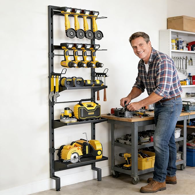 BUKFEN Garage Tool Storage Rack, Wall Mount 5-Tier Heavy Duty Metal Organizer with 8 Drill Holder Slots, Adjustable Shelves, Side Hooks Workshop Utility 1 Pack Black Vertical Space-Saving