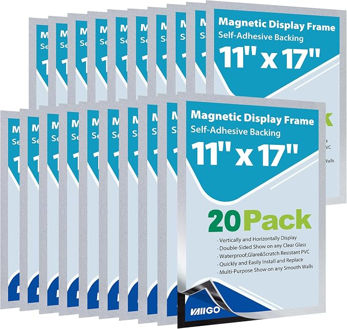 11" x 17" Magnetic Sign Holder, Self-Adhesive Double-Sided Display Frame for Glass, Window, Door, Wall – Magnetic Poster & Document Holder, 20 Pack, Silver