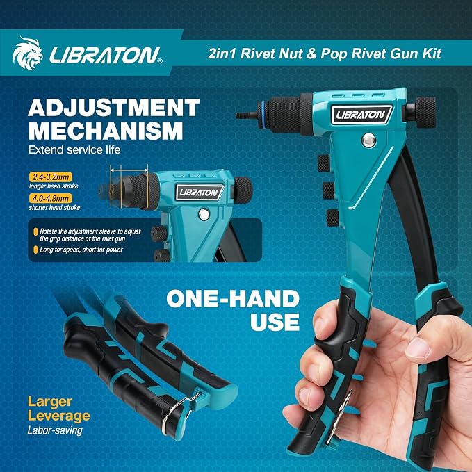 LIBRATON 2in1 Rivet Nut and Pop Rivet Gun Kit, with 8 Mandrels (Metric & SAE), 4 Nose Pieces (2.4-4.8mm), 80 Nuts and 200 Rivets, Adjustable Riveting Tool for DIY & Repair with Carrying Case