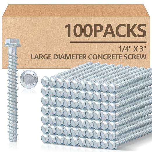 Tandefio 100 Pack 1/4" x 3" Galvanized Concrete Screws Large Diameter Anchors Concrete Screw Anchor Bolts Masonry Screw for Anchoring to Masonry Brick or Block