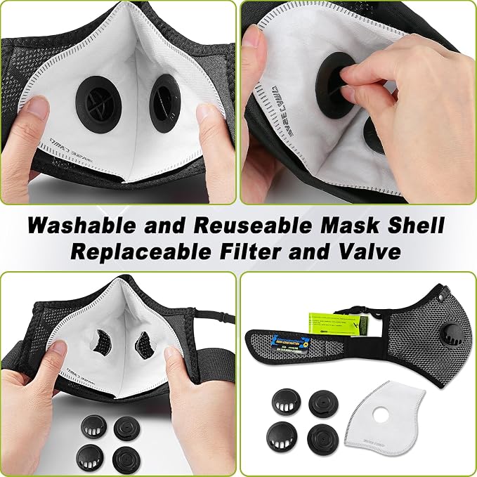 BASE CAMP Silver and Black Upgrade M Plus Dust Mask, Reusable Respirator Face Mask with 6 Activated Carbon Filters, Safety Work Masks for Woodworking, Construction, Yard Lawn Paint, Dust