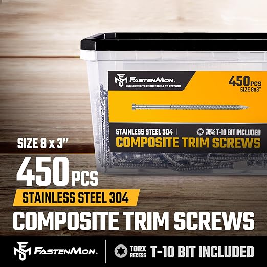 Composite Trim Screws, #8 x 3” Stainless Steel 304, 450pcs | Hidden Fastener For PVC & Wood, Outdoor Deck, Exterior & Finish Fasteners, Rust-Resistant, T-10 Star Drive, 4lbs