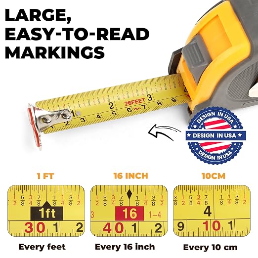 MulWark 25ft Metric Tape Measure, Measuring Tape Retractable, Easy Read Measurement Tape Both-Side Metal Blade, Magnetic Hook & Shockproof Case for Construction, Carpenter, Architect, Woodworking