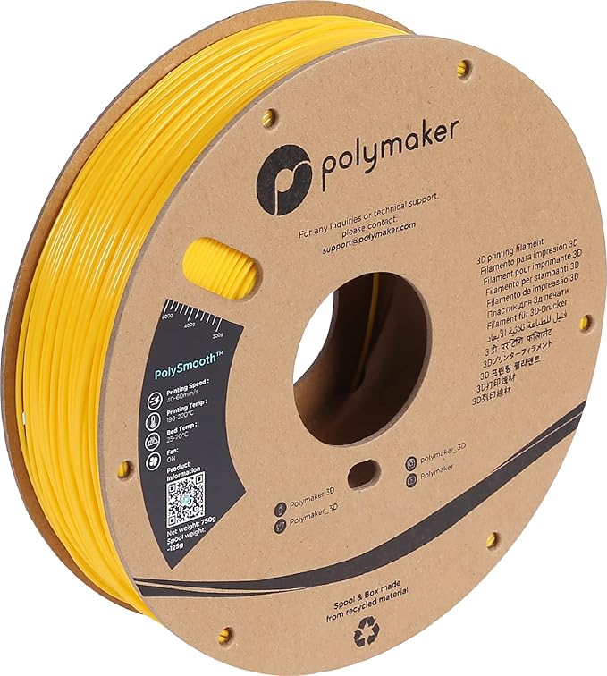 Polymaker PolySmooth PVB Filament 1.75mm 0.75kg Yellow - Print Like PLA Filament, Easy Smoothable Post Process with IPA Alcohol