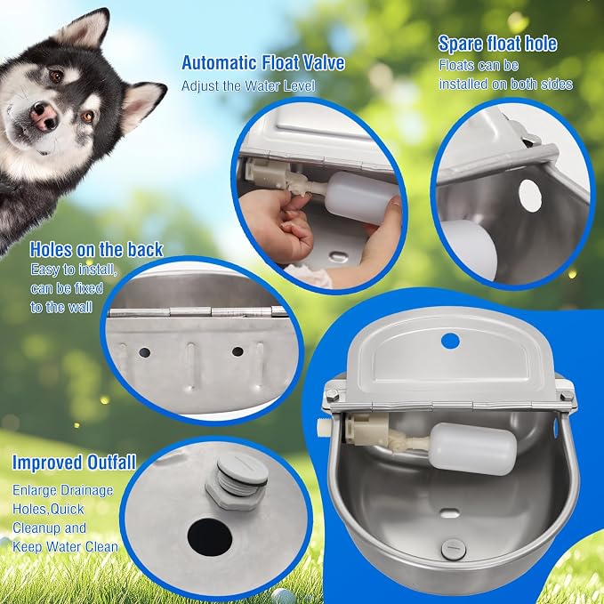 2 Pack 304 Stainless Steel Automatic Livestock Waterer with Float Valve & Drainage Hole– Animal Watering Bowl for Dog, Horse, Goat, Pig, Chicken, Easy-Clean Water Bowl for Outdoor Farm Use