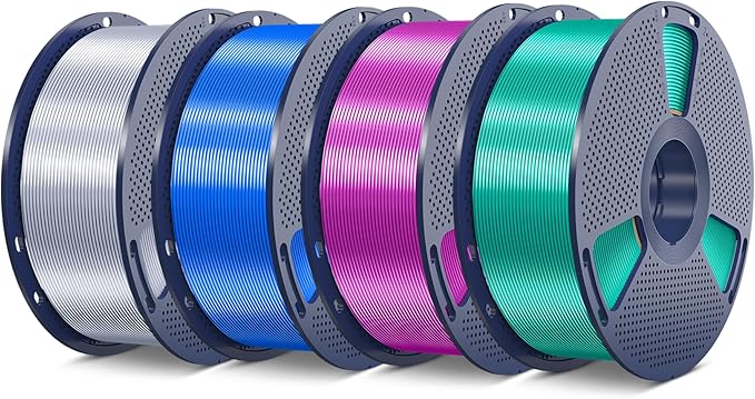 SUNLU Silk PLA Plus Filament 4kg Bundle, Shiny Silk Surface PLA+ 3D Printer Filament 1.75mm ±0.02mm, Glossy 3D Printing Filament, 1kg Spool, 4 Packs. (Blue+Purple+Green+Silver)