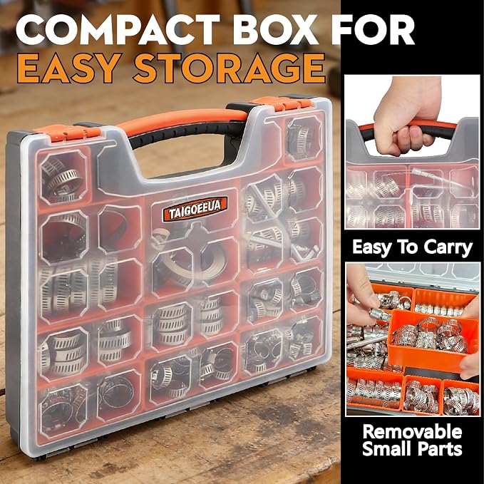 185PCS Stainless Steel Hose Clamp Assortment Kit + 10FT Metal Strap, 1/4"-2"(6-51mm) 304 Worm Gear Heavy Duty Clamps, Radiator Clamps for Automotive Fuel Line Plumbing, with 2 Tools & 8 Fasteners