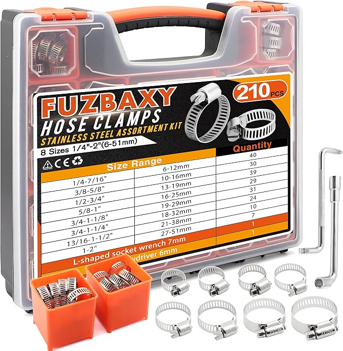 210PCS Worm Gear Hose Clamps Assortment Kit,1/4"-2"(6-51mm) 304 Stainless Steel Heavy Duty Adjustable Band Clamps for Automotive Fuel Lines, Coolant Hoses, Plumbing, Marine,Industrial