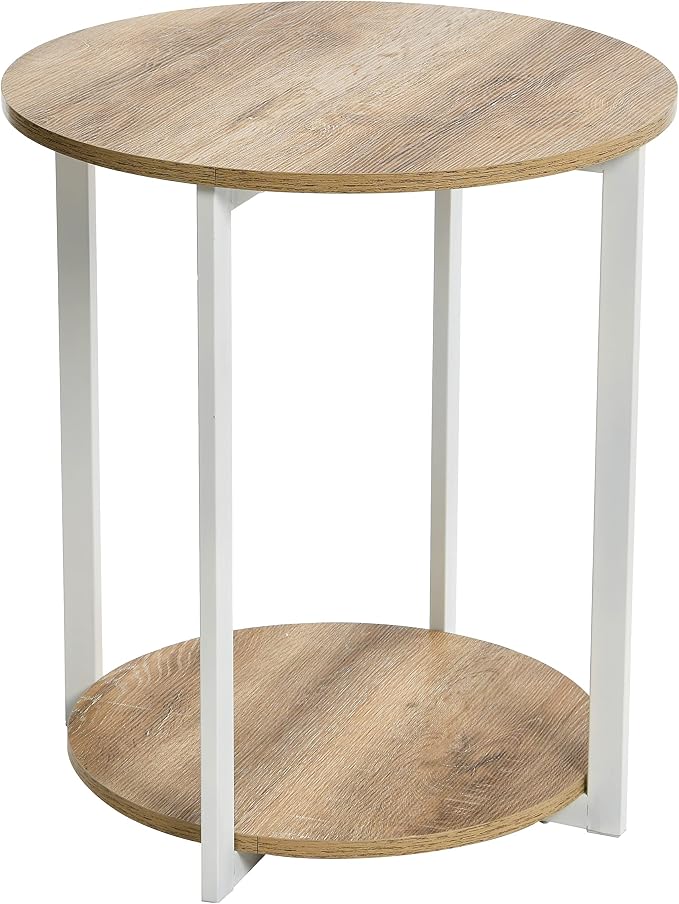 Household Essentials Jamestown Round Side End Table with Storage Shelf Coastal Oak Rustic Wood Grain and White Metal