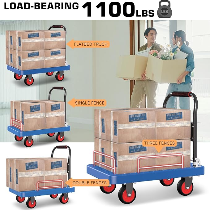 Platform Truck Cart with 3 Fence, 28"x19" Flatbed, 1100lbs Capacity Heavy-Duty Foldable Push Dolly Cart with Swivel Wheels, Foldable & Portable for Groceries, Garage,Home,Office Use, Blue