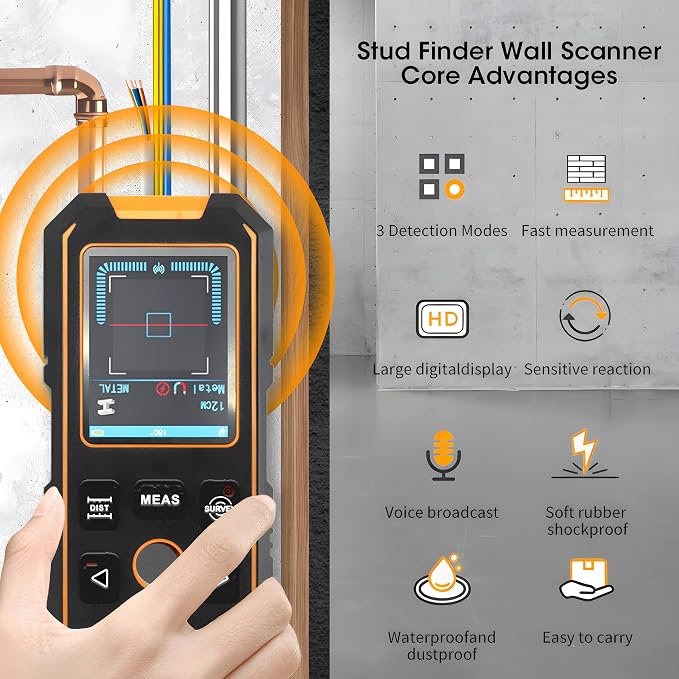 Stud Finder Wall Scanner, 5-in-1 Wall Detector with Laser Measure, Stud Locator with Smart Sensor, LCD Display and Voice, ±0.1° Digital Level, Digital Laser Distance Meter 40M/130ft