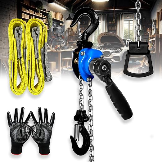 Mini Chain Hoist 1/4 ton with 2 Lift Sling Straps and Gloves 10ft Lift Small Come Along Alloy Steel G80 Chain 2 Heavy Duty Hooks, Manual Hoist for Garages Warehouse Automotive Machinery
