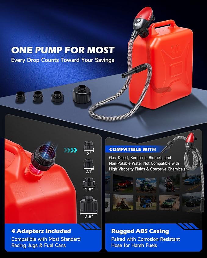 Orion Motor Tech Electric Fuel Transfer Pump with Auto-Shutoff, 3.2GPM Gas Can Pump, 51" Hose, USB-C & AA Battery (NO BATTERIES INCLUDED) Powered, 4 Adapters for Gasoline, Diesel, Kerosene, Red