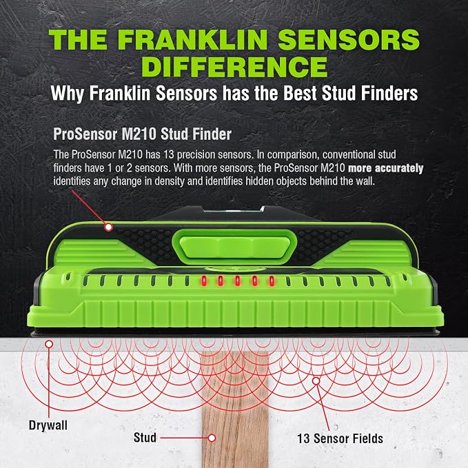 Franklin Sensors ProSensor M210 Stud Finder with 13-Sensors, Wood & Metal Stud Detector/Wall Scanner, Live Wire Detection (Green), Made in The USA