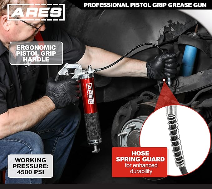 ARES 53015 – Professional Pistol Grip Grease Gun – Includes 18-Inch Flex Hose with Spring Guard and 6-Inch Offset Extension – 4500 PSI Working Pressure Rating