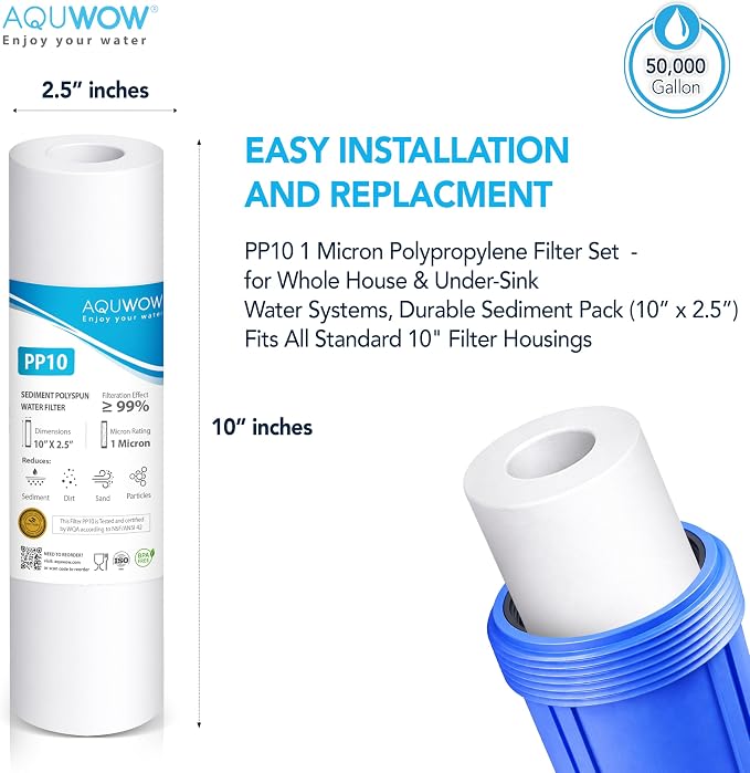 PP10 1 Micron 2.5" x 10" Polypropylene Filter Set – Replacement Cartridges for Whole House & Under-Sink Water Systems, Durable Sediment Pack (6, 10 x 2.5)