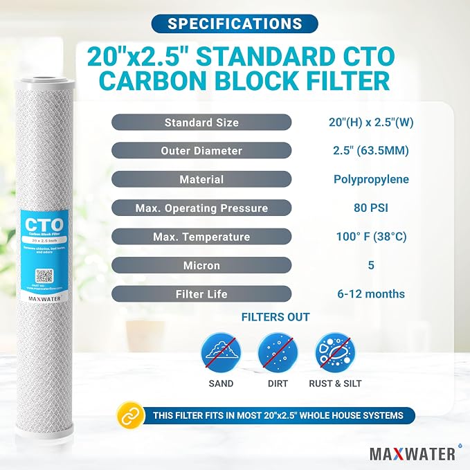 Max Water 20" x 2.5" CTO Carbon Block Water Filter, 5 Micron - Whole House Slim BB Replacement Cartridge Compatible With HX-CB-25-2010, C1-20, CB-25-2005, 155597-43 (4 Pack)