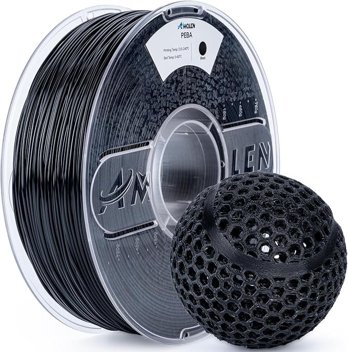 Amolen Rebound PEBA 90A Flexible Filament, 1.75mm 3D Printer Filament, 78% Energy Return & 20% Lighter, High-Speed Printing Lightweight for Sports & Robotics, Drones & Functional Prototypes, Black 1kg