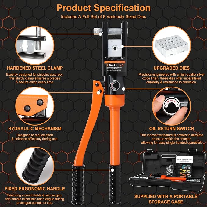 Brileine 16 Ton Hydraulic Crimping Tool, Professional Battery Cable Crimper with 13 Die Sets, 9AWG to 600MCM Cable Crimping Tool (Triple-Stroke Fast Hydraulic Crimper)
