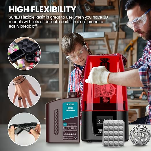 SUNLU Flexible 3D Printer Resin, 70A 3D Printing Resin for Printing Soft and Flexible Items, Bendable and Not Brittle, Fast Curing 405nm UV Photopolymer Resin. 1000G Gray
