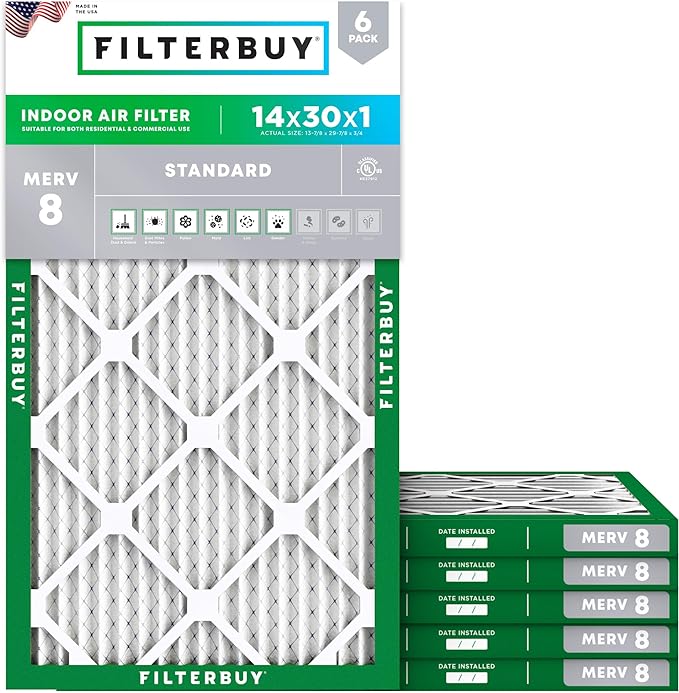 Filterbuy 14x30x1 Air Filter MERV 8 Essential Dust & Allergy Defense (6-Pack), Electrostatic Pleated HVAC AC Furnace Filters Replacement, Made in USA (Actual Size: 13.88 x 29.88 x 0.75)