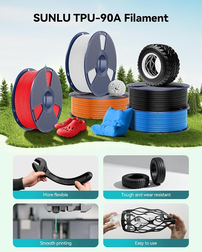 SUNLU TPU 3D Printer Filament 1.75mm,Highly Elastic 90A TPU Filament,Flexible 3D Filament for Fast Printing,Dimensional Accuracy +/- 0.03mm,(1kg Black,90a TPU)