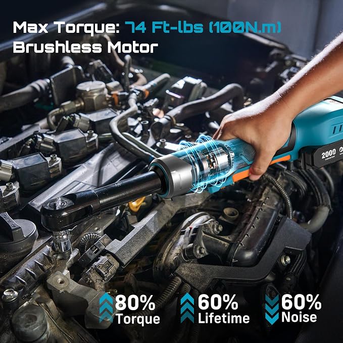 Cordless Electric Ratchet Wrench 3/8", 6" Extended Neck, 3-Speed Adjustable, 74 Ft-lbs Max Torque, 21V Power Brushless Ratchet with 2×2.0Ah Batteries & Fast Charger, 8 Sockets, 1/4"& 1/2" Adapter