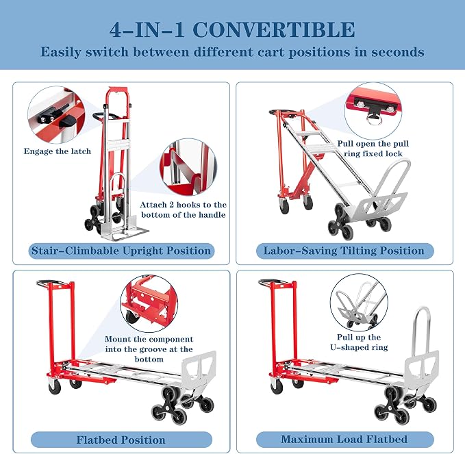 Convertible Hand Truck -1,000 lb Heavy-Duty Aluminum & Steel Dolly, 3-in-1 Mode with Stair-Climbing Wheels & 5" Swivel Casters for Warehouse, Moving, Delivery