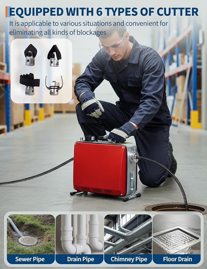 GarveeTech Portable Electric Drain Cleaner Machine, 66Ft x 5/8" & 16Ft x 3/8" Dual Cable Sewer Snake Auger with 6 Cutters for 1-4 Inch Pipes Clog Removal for Household & Professional Use