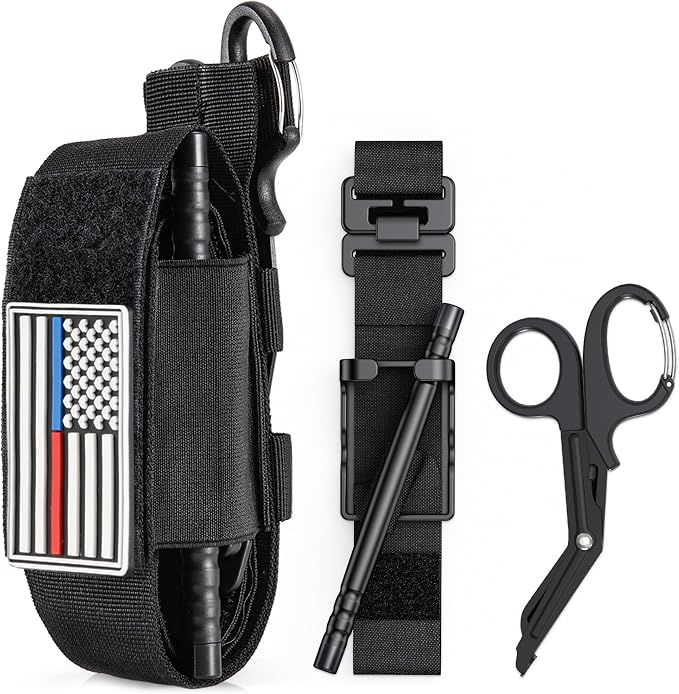 Qen Tourniquet for Severe Bleeding Control, Gear for First Aid Kits and Tourniquet Kits, Suitable for Emergencies, One-Handed Operation Includes a Storage Bag and Scissors
