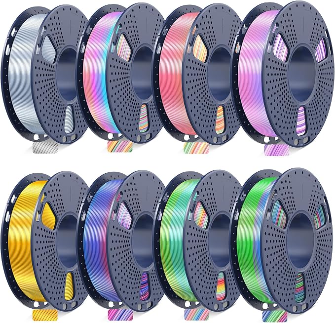 JAYO 3D Printer Filament Bundle, PLA Silk Filament Bundle Multicolor, Shiny Silk PLA Filament 1.75mm, Fast Color Change Rainbow, 250g Spool, 8 Rolls, 2kg in Total