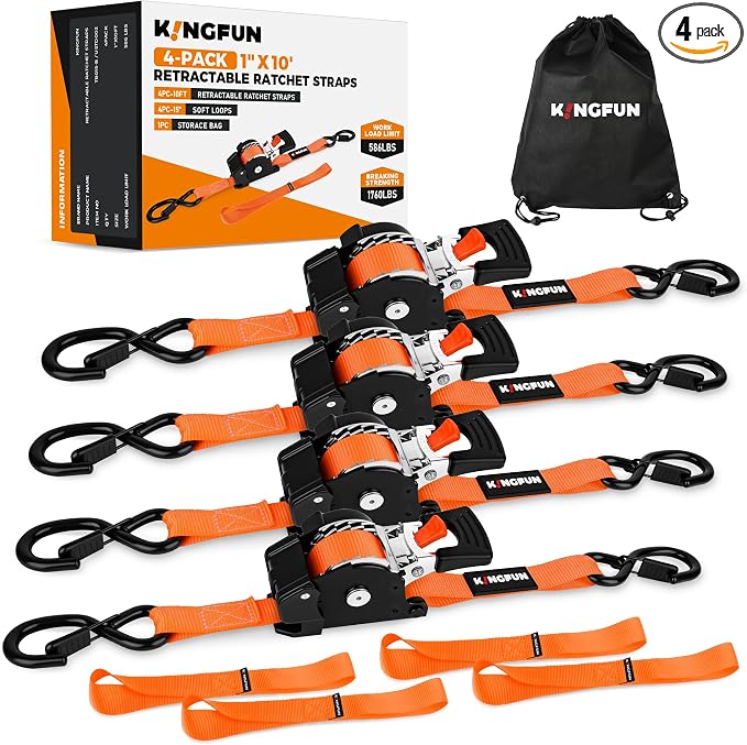 Retractable Ratchet Straps 4 Pack, 1" x 10' Self Retracting Tie Down Straps | Heavy Duty Ratchet Straps with 1760lb Break Strength, Auto Retractable Tie Down Straps for ATV, UTV, Motorcycle, Trailer