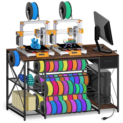 3D Printer Stand with Charging Station, Large 4-Tier 3D Printer Table with Filament Storage and Storage Drawer,Filament Rack,Heavy Duty 3D Printer Desk for Workshop,Office and Garage,Brown