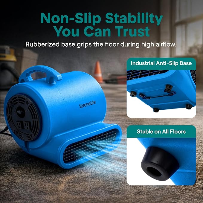 SereneLife Air Mover Blower Fan 1000 CFM – Powerful High Performance 3-Speed Fan for Floor & Carpet Drying, Portable Floor Fan w/Adjustable Tilt, Plug Multiple Units for Home Garage & Restoration Use