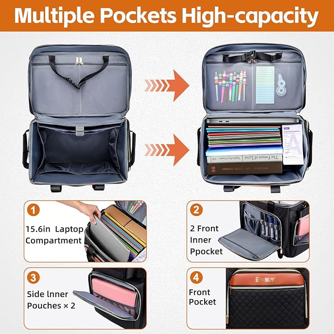 Rolling Teacher Bag with Detachable Cart - 1680D Waterproof Oxford Rolling Cart for Teachers, Large Capacity Tote with Wheels Fits 15.6" Laptop & Tablet(BLACK)