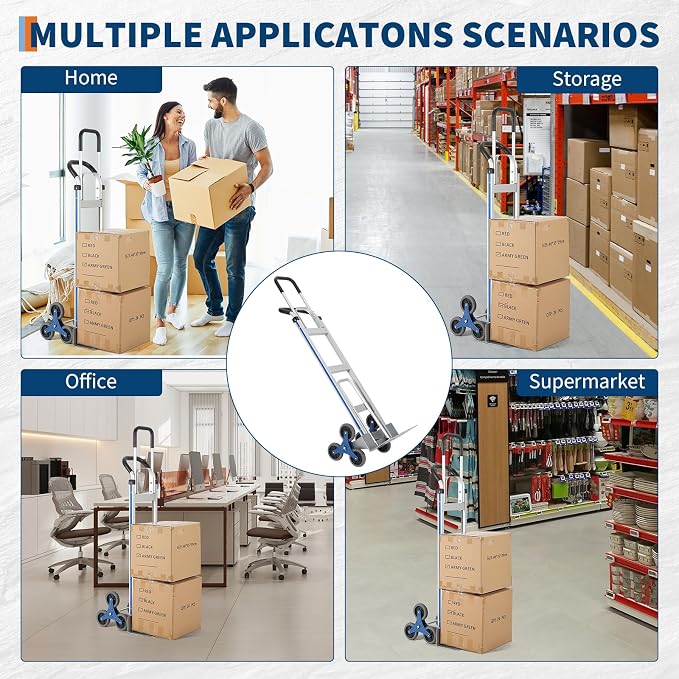 Aluminum Stair Climbing Cart,600 LBS 2 in 1 Heavy-Duty Aluminum Hand Truck with Extendable Base Plate, Dual Handles, 6 Wheels & 2 Elastic Ropes for Warehouse Shopping