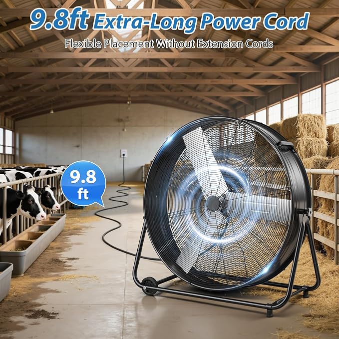 LifePlus 36" Industrial Drum Fan, 600W High Velocity 3-Speed Heavy Duty Metal Air Circulator with 360° Tilt, Casters Handle for Warehouse Factory workshops Patios Garage 21800 CFM
