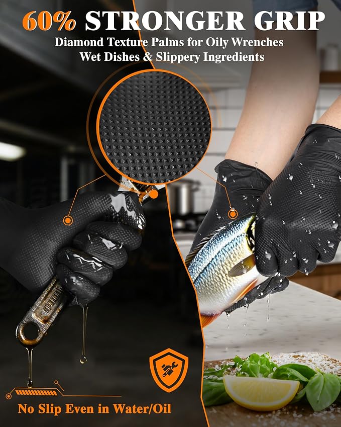 wcy 9mil Heavy Duty Disposable Nitrile Gloves, Black XLarge 80Pcs -Chemical Resistant, Latex Powder Free Rubber Gloves Diamond Texture for Automotive, Mechanics, Cooking,BBQ, Industrial Use