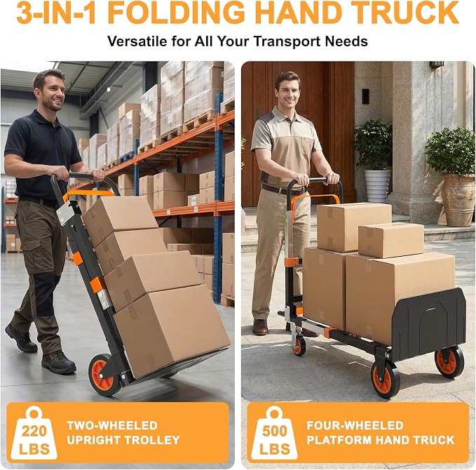 3-in-1 Folding Hand Trucks, 500lbs Convertible Dolly, Dolly Cart with Wheels Heavy Duty, Moving Cart with Retractable Handle, Collapsible Trolley for Moving Office/Home/Warehouse/Boxes/Carton (Orange)