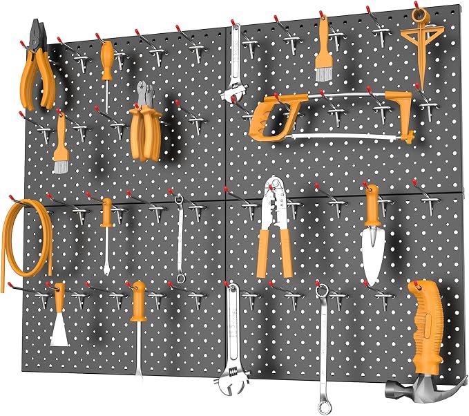 TORACK Metal Pegboard Panels and Hooks for Garage, Workbench, Shop, Shed Tool Organizer Peg Board with 1/8" & 1/4" Holes, Modular Wall-Mounted Pegboard with Pegboard Hooks(Black)