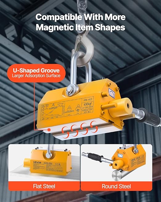 VEVOR Permanent Magnetic Lifter, 880 lbs Pulling Capacity, Heavy Duty N42 Neodymium Lifting Magnet with Release Handle and Steel Hook, Used in Shop Crane and Hoist, for Lifting Plate Steel, Board