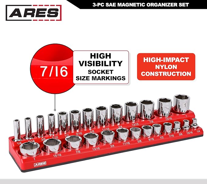 ARES 60035-3-Piece Set SAE Magnetic Socket Organizers - RED -Includes 1/4 in, 3/8 in, 1/2 in Socket Holders - Holds 68 Standard (Shallow) and Deep Sockets - Also Available in GREEN