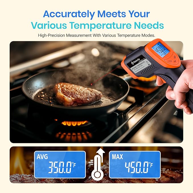 Etekcity Infrared Thermometer Laser Temperature Gun 774, Meat Food Candy Oven Thermometer for Griddle Accessories, Heat Gun for Cooking Refrigerator Tools, Adjustable Emissivity & Max Measure, Orange