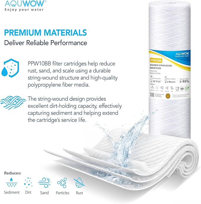 PPW20BB 5 Micron 4.5" x 20" String Wound Sediment Filter Set – Replacement Cartridges for Whole House & Under Sink Systems, Durable Depth Filtration (4, 20 x 4.5)
