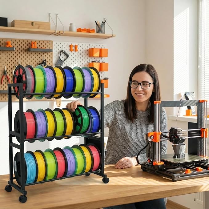 3D Printer Filament Storage Rack with Wheels,3 Tier Holds 24 Spools | Heavy Duty Carbon Steel Filament Rack, with Side Tool Bag, Spool Holder for 3D Printing Home Studio